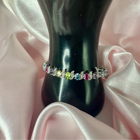 Sterling Silver Multi-Gemstone Tennis Bracelet – Oval Cut Sparkle, 7.5" - Picture 10 of 13